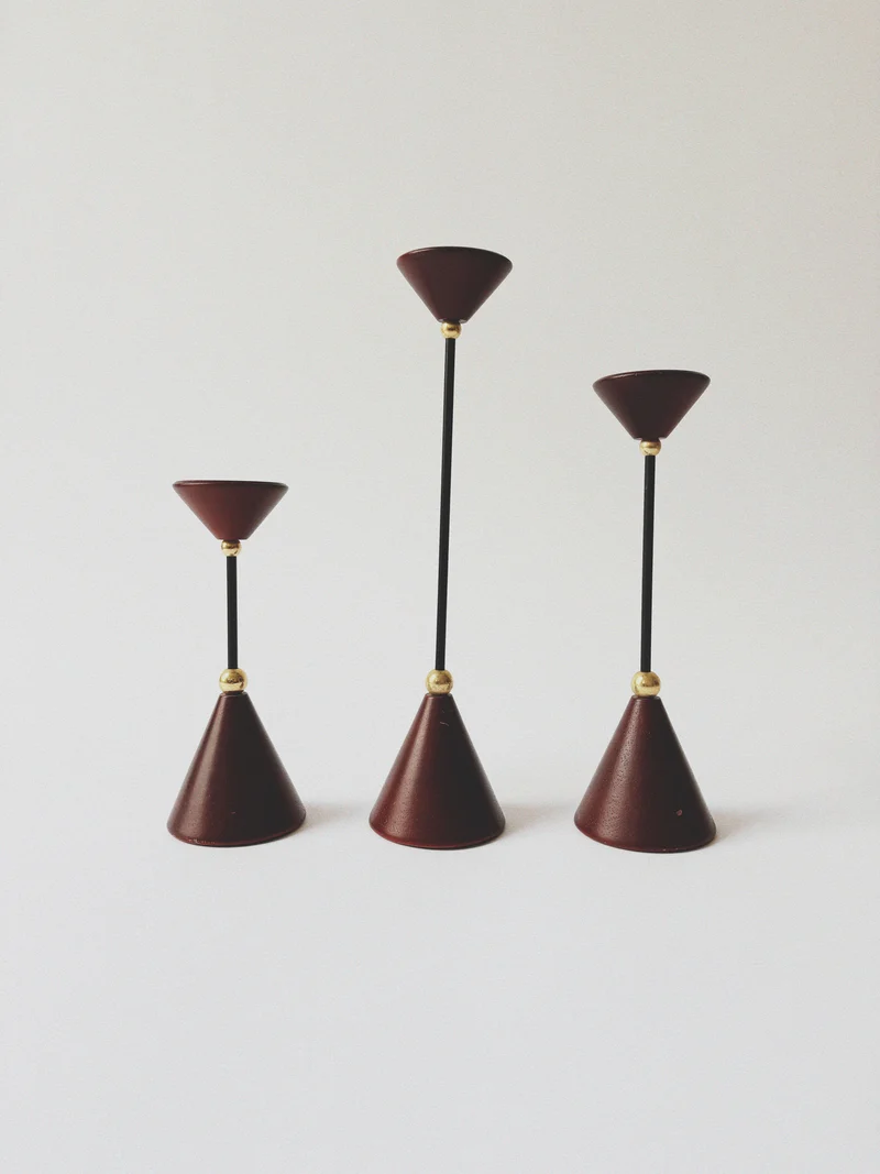 Set of Postmodern Candle Holders in Wood and Metal