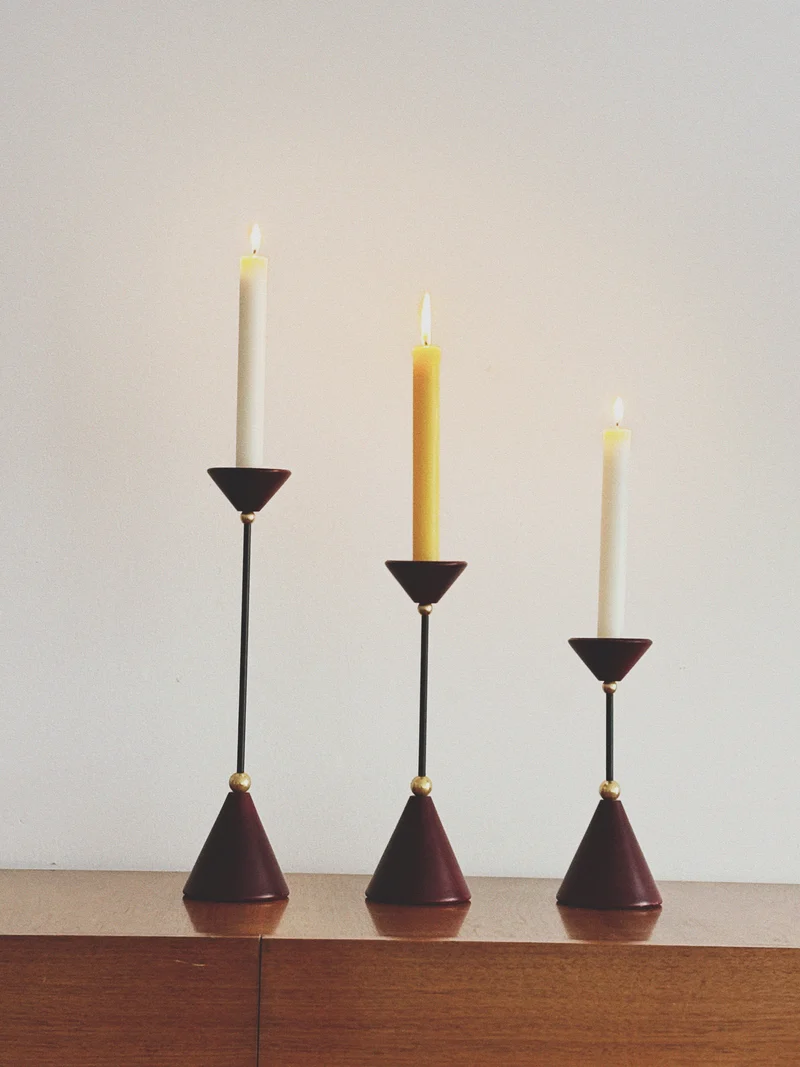 Set of Postmodern Candle Holders in Wood and Metal