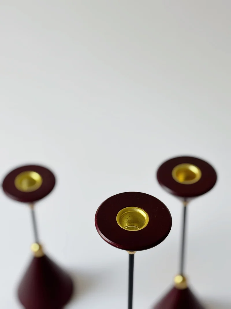 Set of Postmodern Candle Holders in Wood and Metal