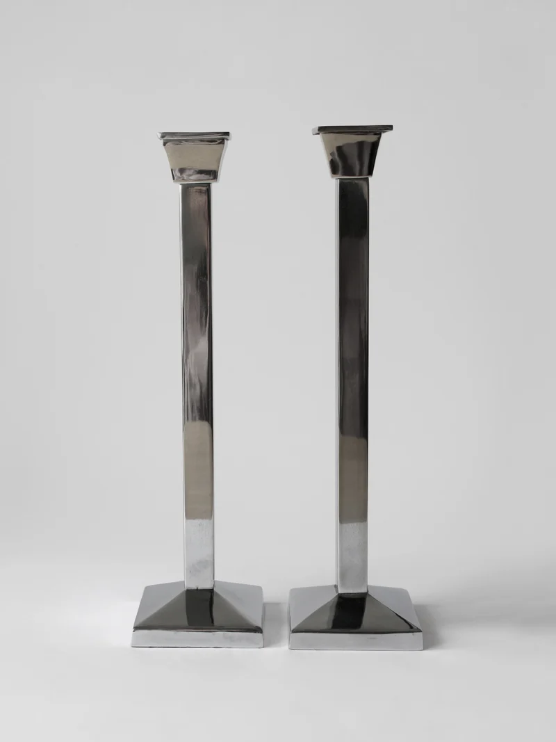 Pair Of Polished Mirror Metal Tall Candle Holders
