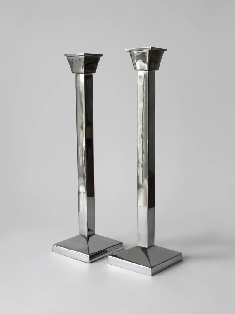 Pair Of Polished Mirror Metal Tall Candle Holders