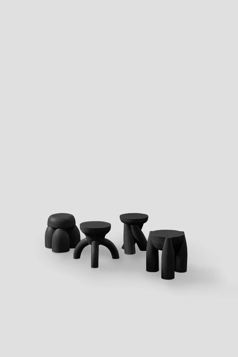 ELEMENTOS Set of Stools, Sandblasted Pine with Black Finish by Daniel Couttolenc