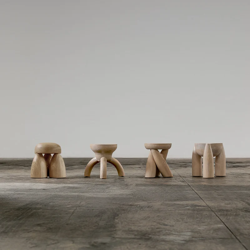ELEMENTOS Set of Stools, Sandblasted Pine with Black Finish by Daniel Couttolenc