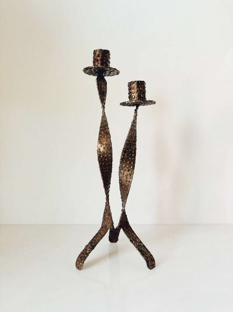 Textured Metal 2 Arm Candlestick, Poland