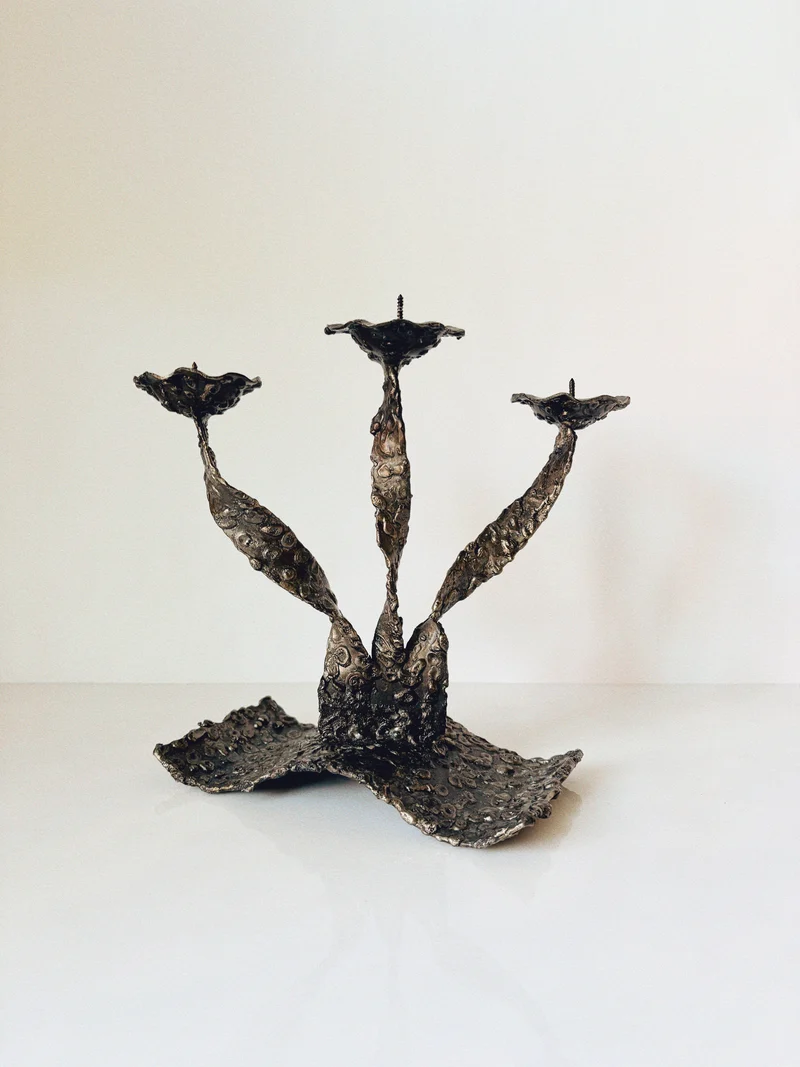 Molten Metal Sculptural 3 Arm Candlestick, Brutalist Poland