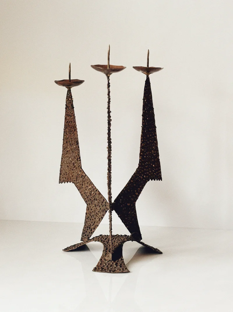 Large Brutalist Molten Metal Geometric Metal Candlestick, Poland Mid Century