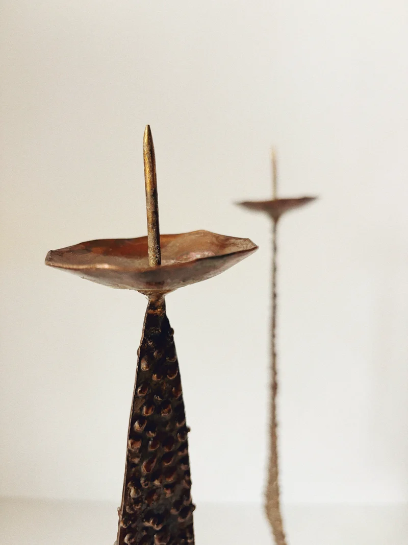 Large Brutalist Molten Metal Geometric Metal Candlestick, Poland Mid Century