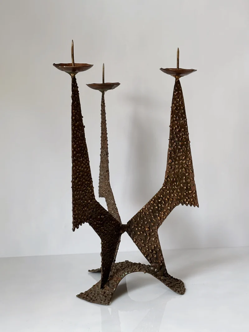 Large Brutalist Molten Metal Geometric Metal Candlestick, Poland Mid Century