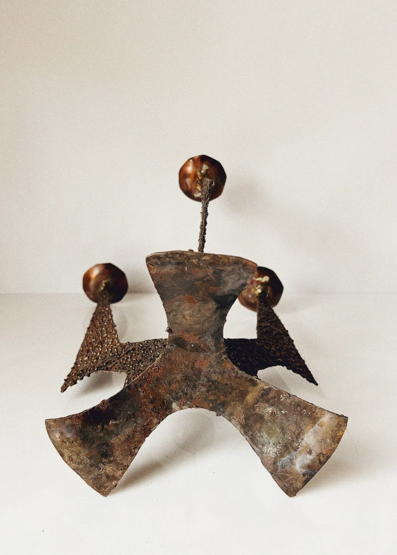 Large Brutalist Molten Metal Geometric Metal Candlestick, Poland Mid Century