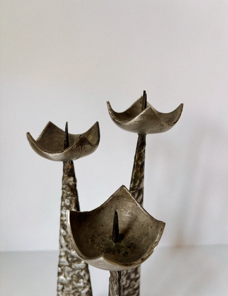 Brutalist Steel 3 Arm Metal Candlestick, Poland Mid Century