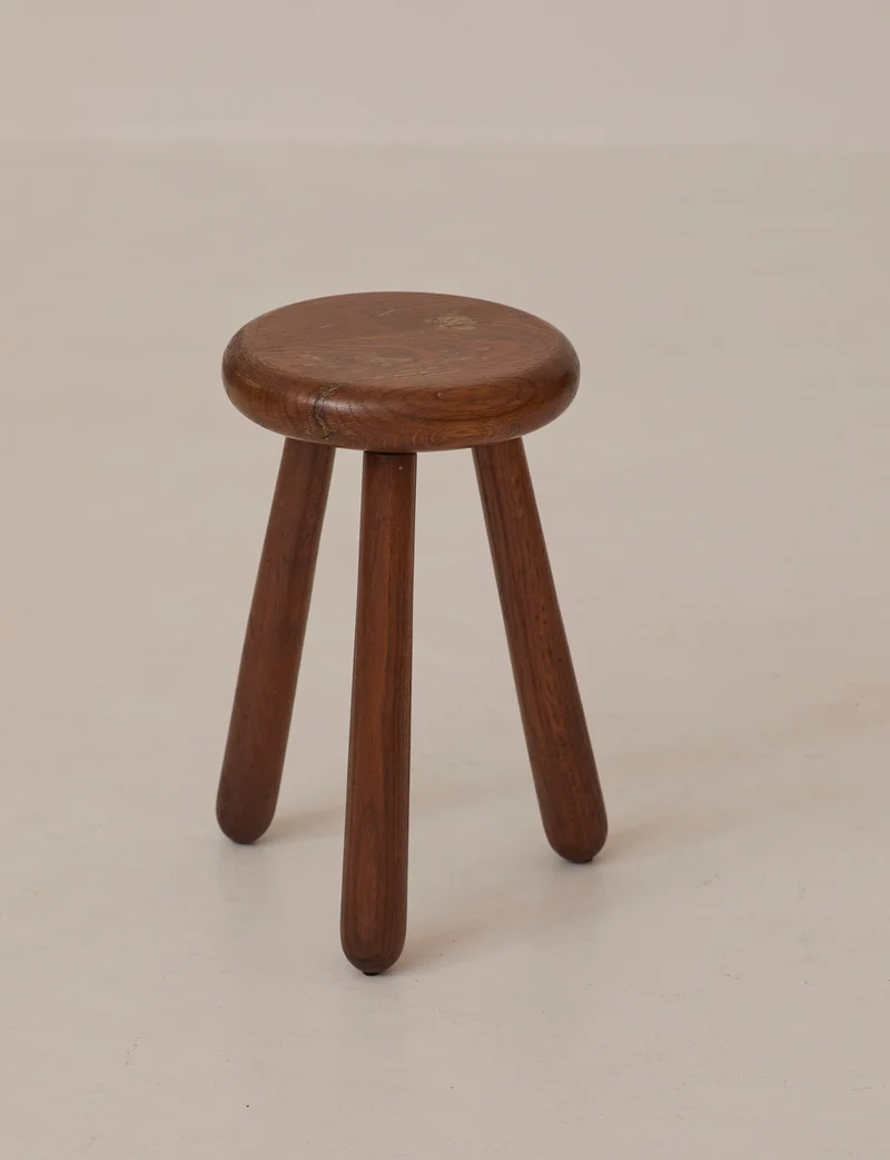 Vintage Brutalist Tripod Stool Handcrafted in Solid Oak Wood C. 1960