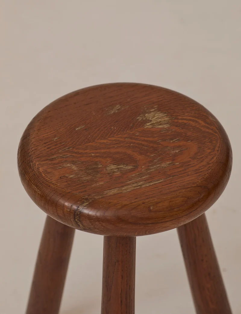 Vintage Brutalist Tripod Stool Handcrafted in Solid Oak Wood C. 1960