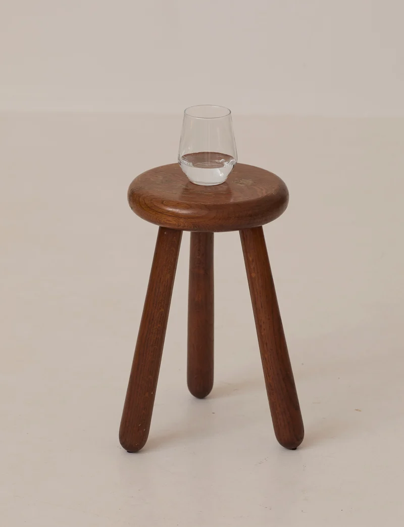 Vintage Brutalist Tripod Stool Handcrafted in Solid Oak Wood C. 1960