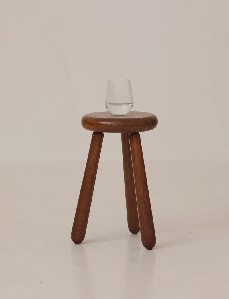 Vintage Brutalist Tripod Stool Handcrafted in Solid Oak Wood C. 1960