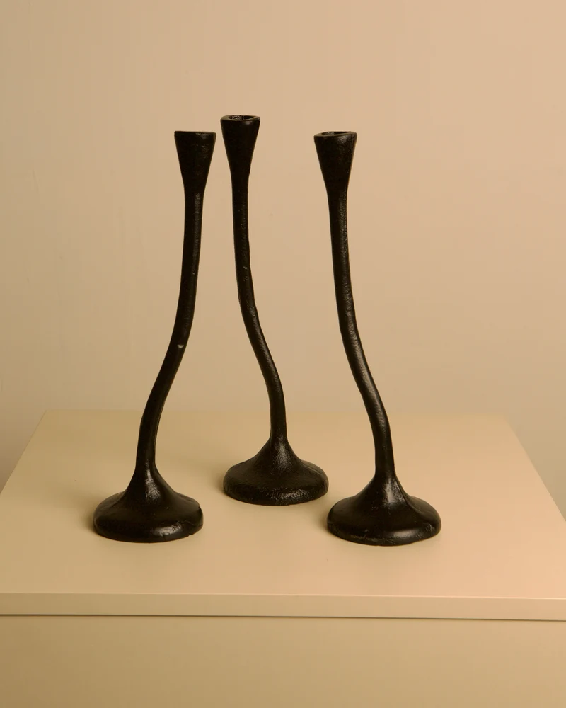 Set of 3 "Twisted" Candleholders in Black Cast Aluminum, 80s