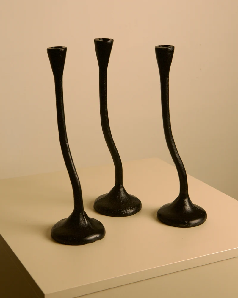 Set of 3 "Twisted" Candleholders in Black Cast Aluminum, 80s