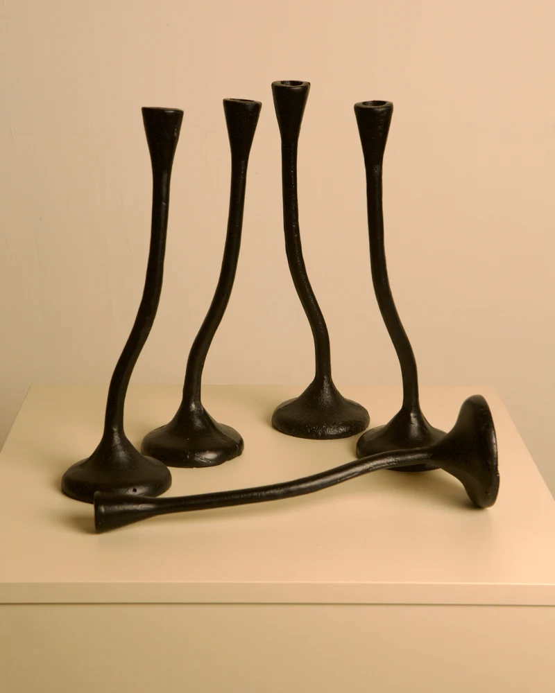 Set of 5 "Twisted" Candleholders in Black Cast Aluminum, 80s