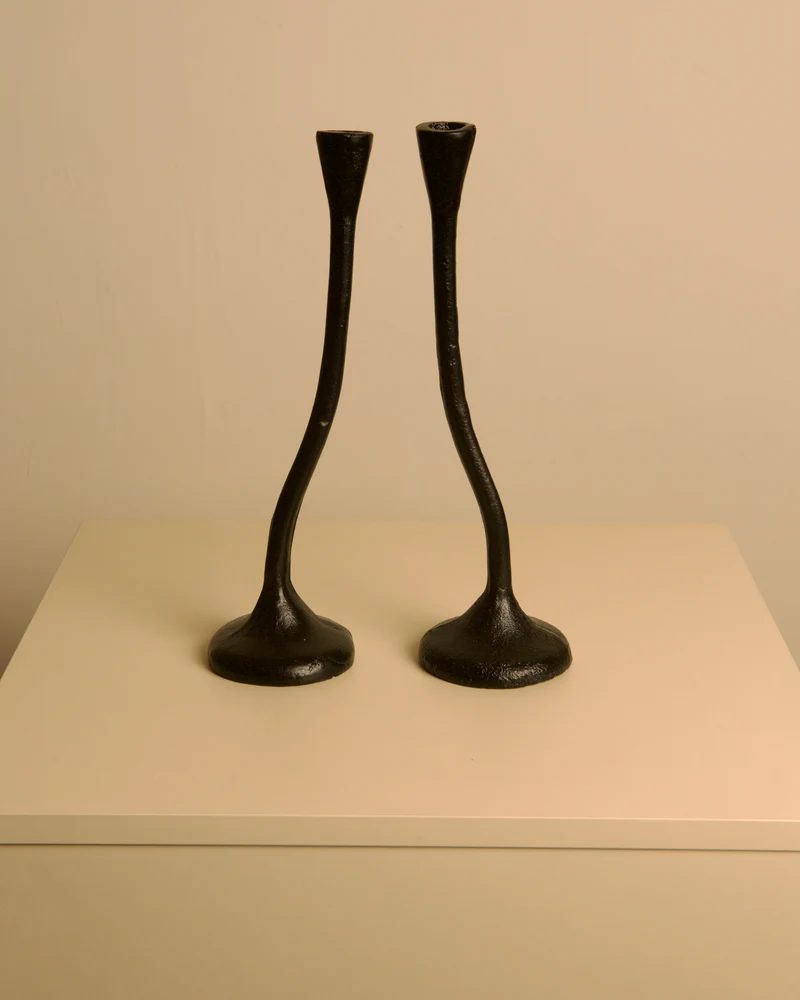 Set of 5 "Twisted" Candleholders in Black Cast Aluminum, 80s