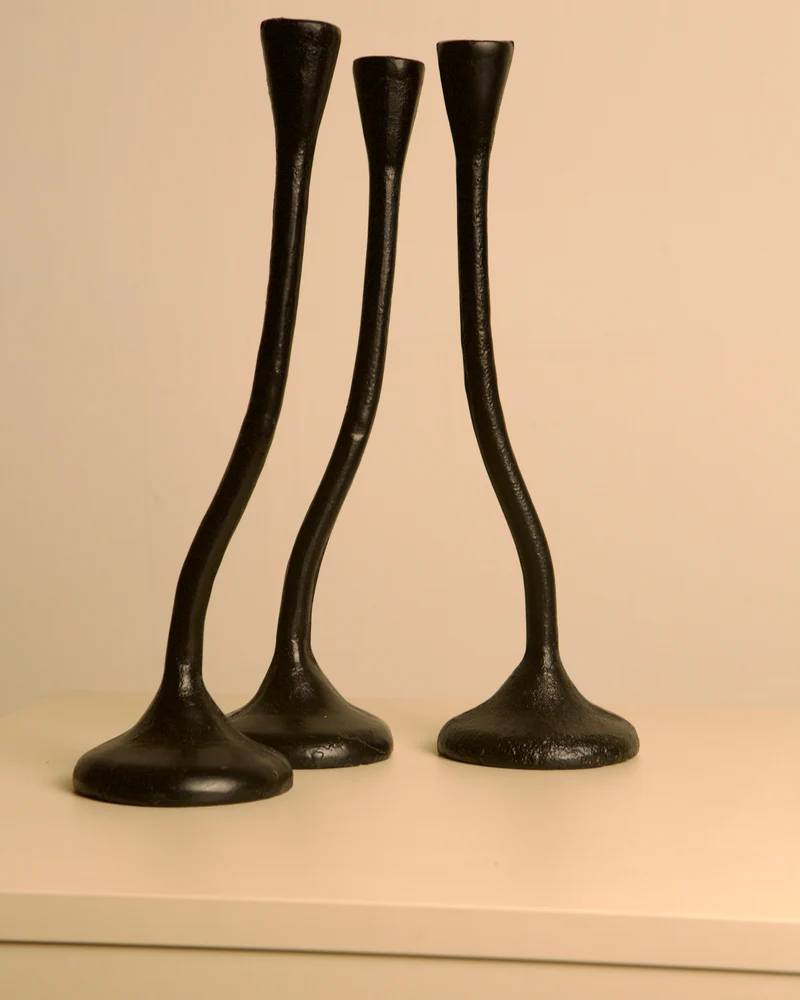 Set of 3 "Twisted" Candleholders in Black Cast Aluminum, 80s