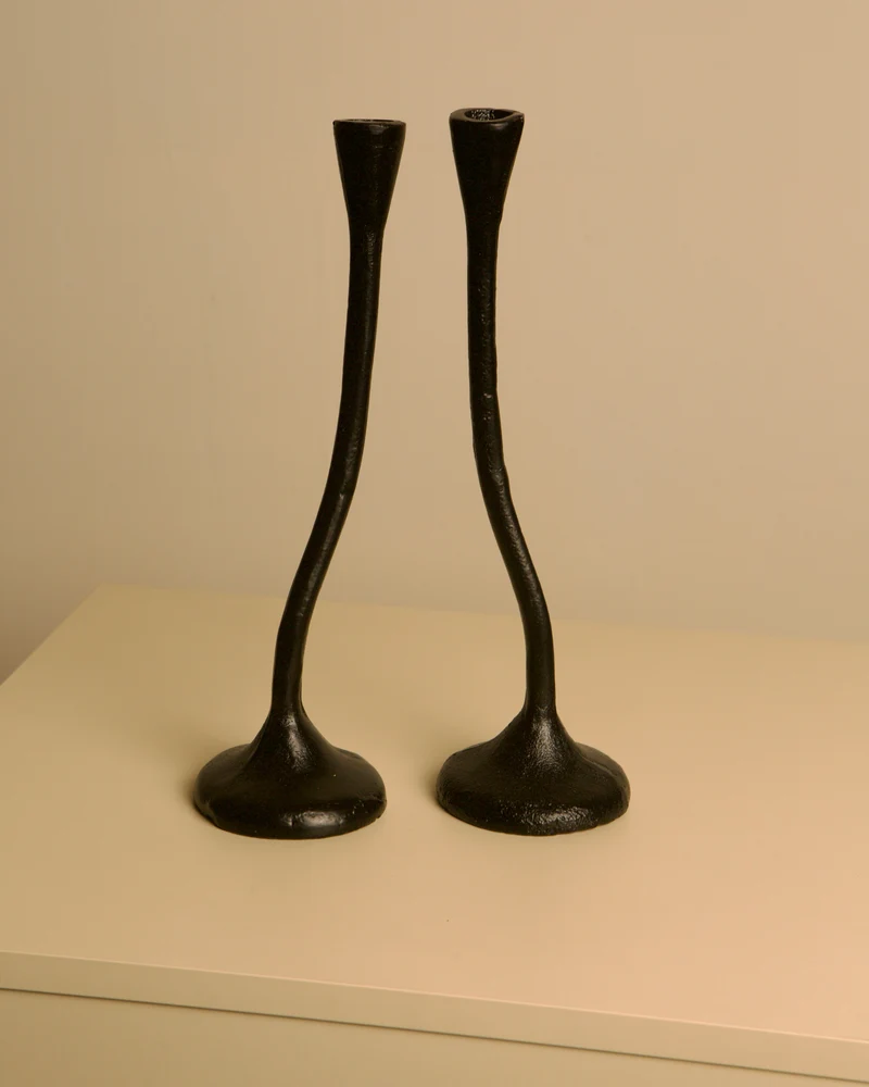 Set of 3 "Twisted" Candleholders in Black Cast Aluminum, 80s