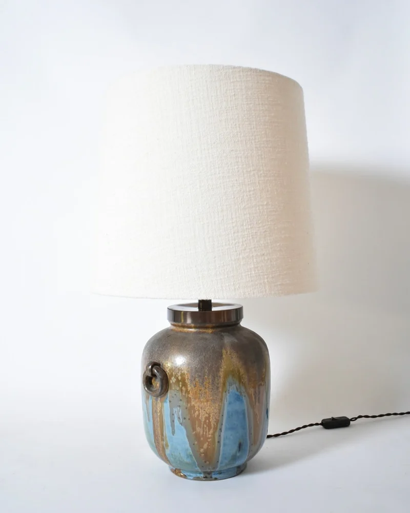 Vintage Stoneware Table Lamp with Ring-shaped Handles, 1940s