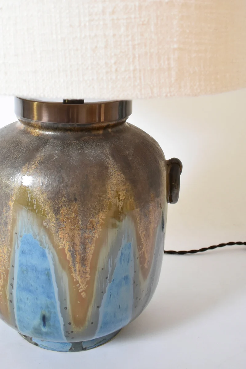 Vintage Stoneware Table Lamp with Ring-shaped Handles, 1940s