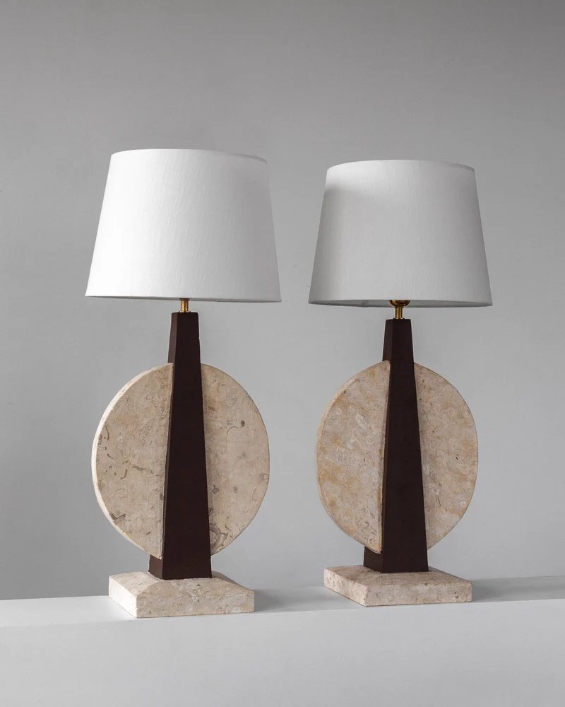 Vintage Pair of Large Travertine Table Lamps, 1970s