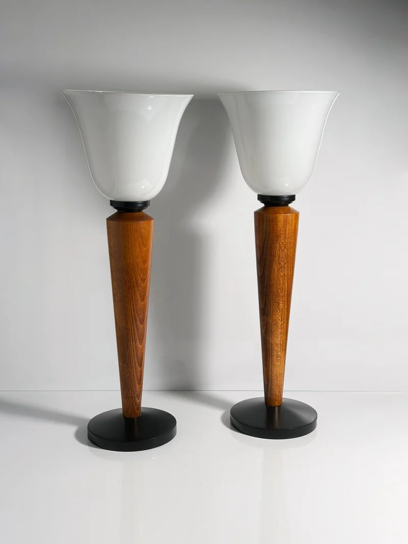 Vintage Pair of Art Deco Chalices with Teak Wood Table Lamp