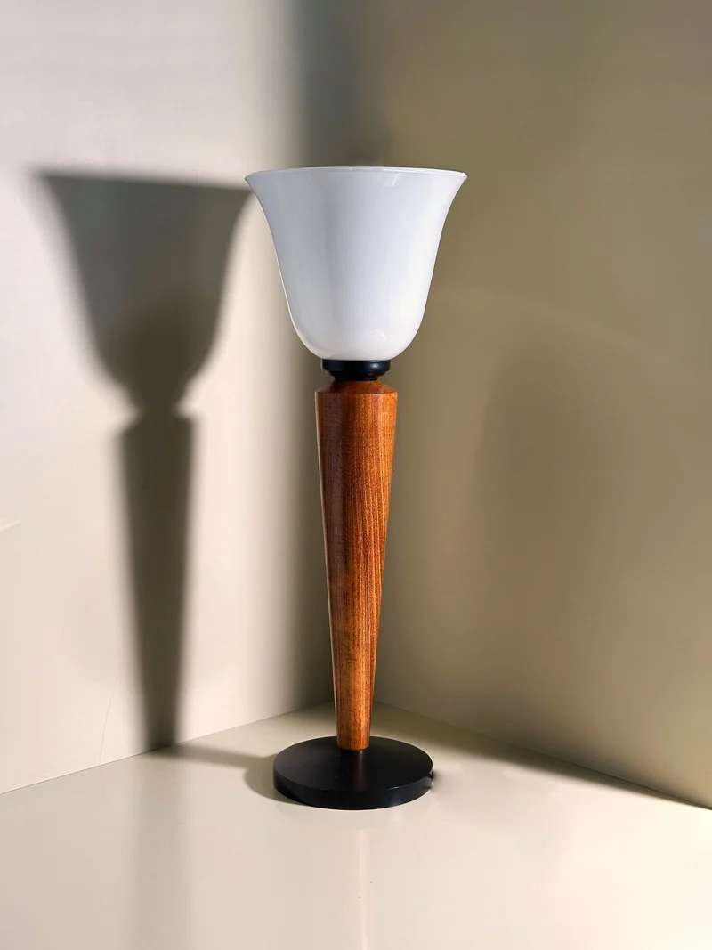 Vintage Pair of Art Deco Chalices with Teak Wood Table Lamp