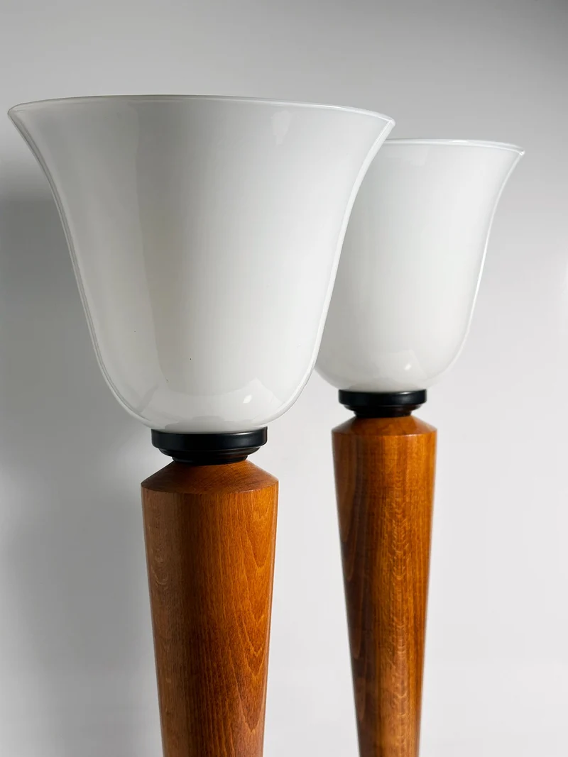 Vintage Pair of Art Deco Chalices with Teak Wood Table Lamp