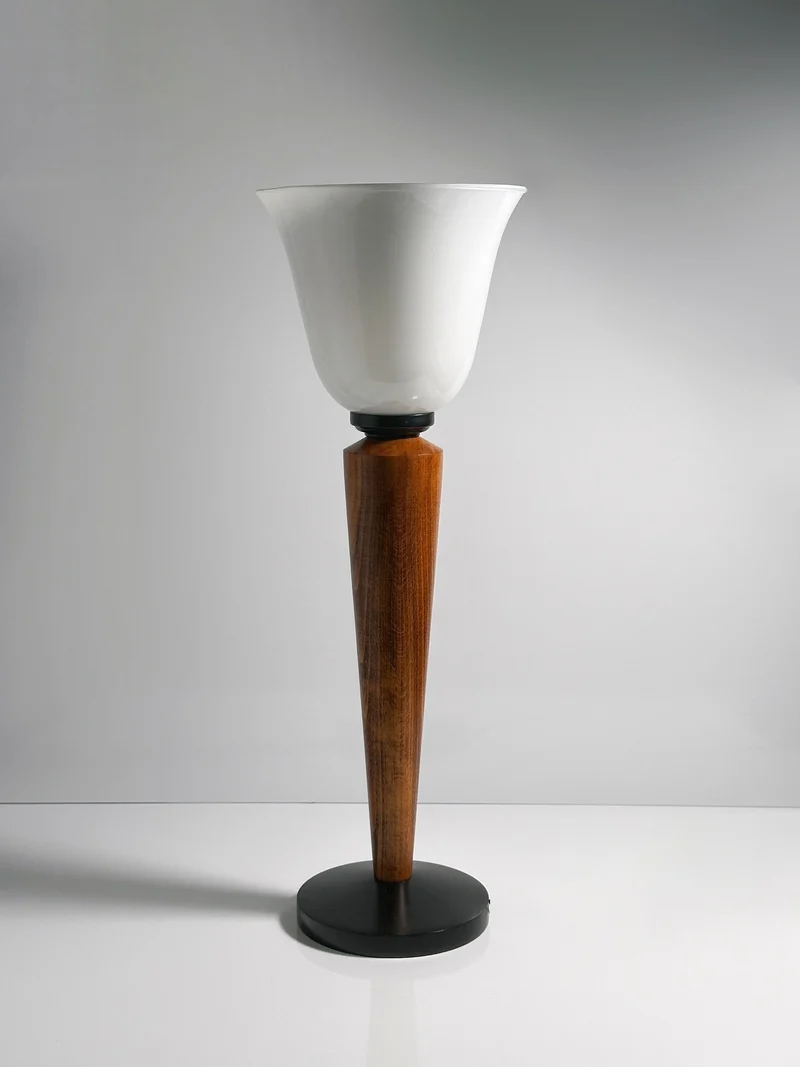 Vintage Pair of Art Deco Chalices with Teak Wood Table Lamp