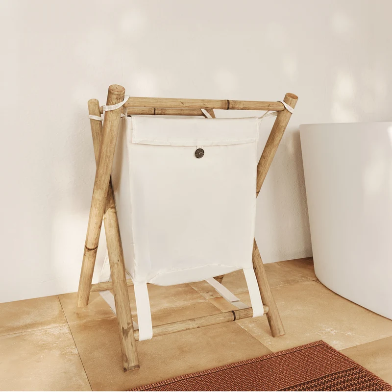 Panier à linge Bami en tissu blanc et bambou