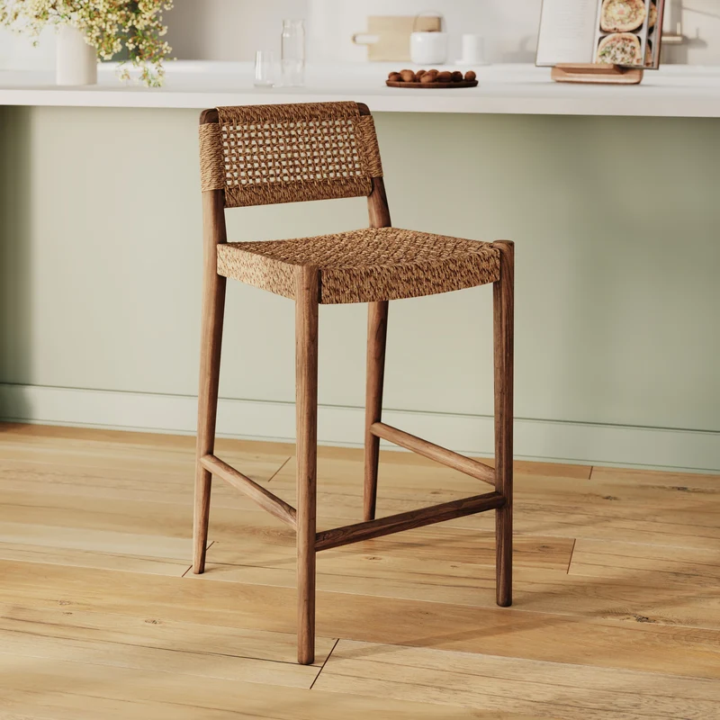 Chaise pour îlot central de jardin 65 cm Yaba en teck vernis et tissage synthétique