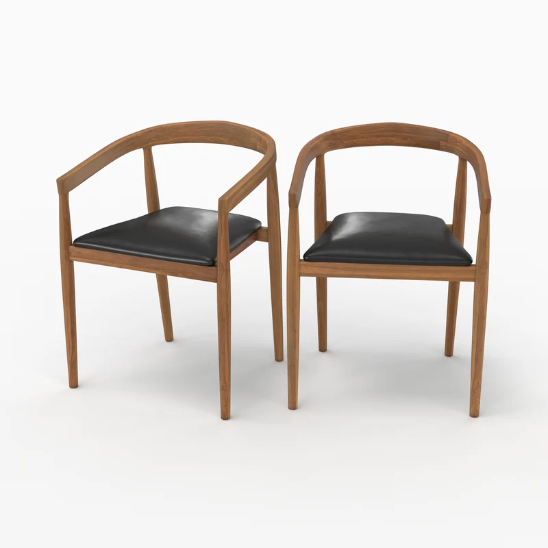 Lot de 2 chaises Bali en bois de teck vernis et assise en cuir noir