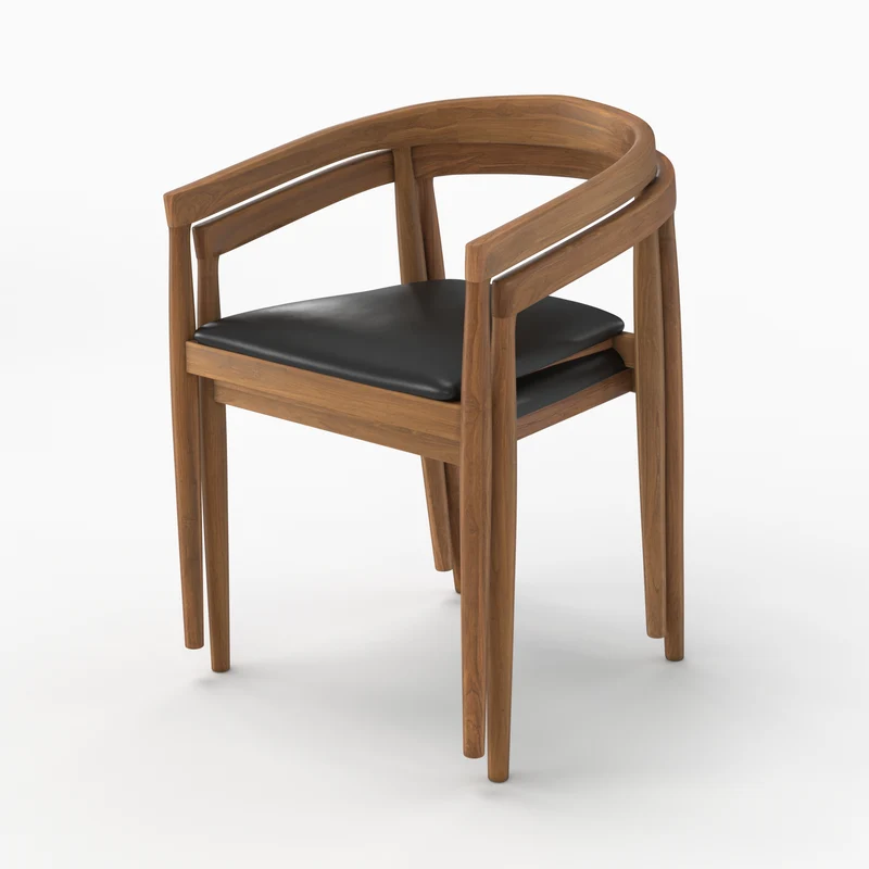 Lot de 2 chaises Bali en bois de teck vernis et assise en cuir noir