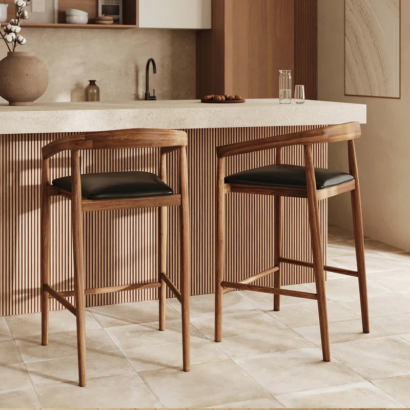 Lot de 2 chaises de bar 77 cm Bali en bois de teck vernis et assise en cuir noir