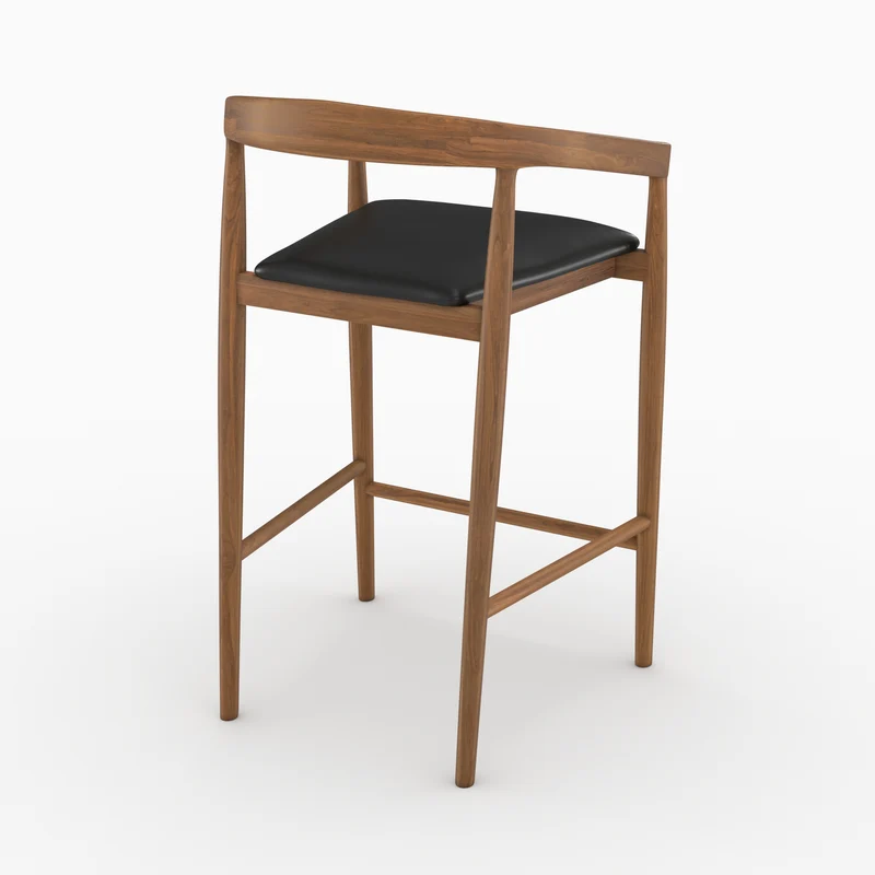 Lot de 2 chaises de bar 77 cm Bali en bois de teck vernis et assise en cuir noir
