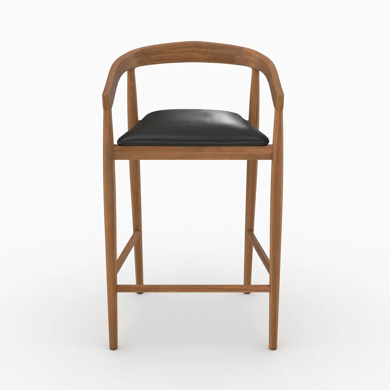 Lot de 2 chaises de bar 77 cm Bali en bois de teck vernis et assise en cuir noir