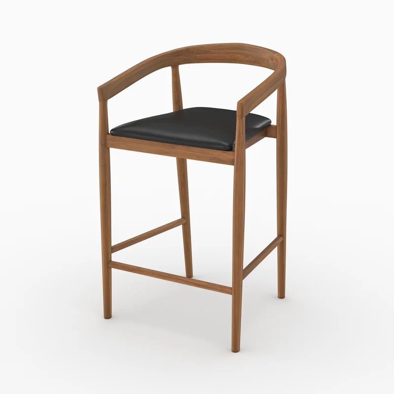 Lot de 2 chaises de bar 77 cm Bali en bois de teck vernis et assise en cuir noir