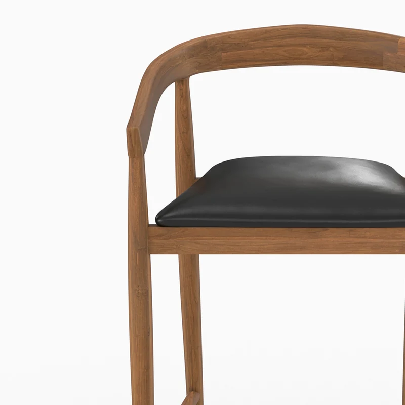 Lot de 2 chaises de bar 77 cm Bali en bois de teck vernis et assise en cuir noir