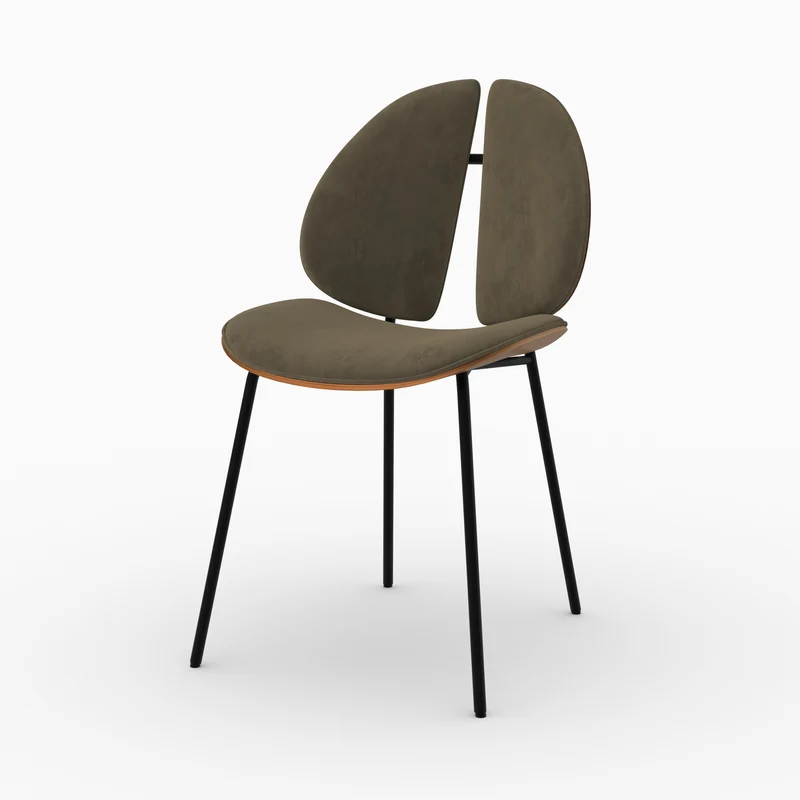 Chaise Coccinelle en velours kaki et bois de noyer