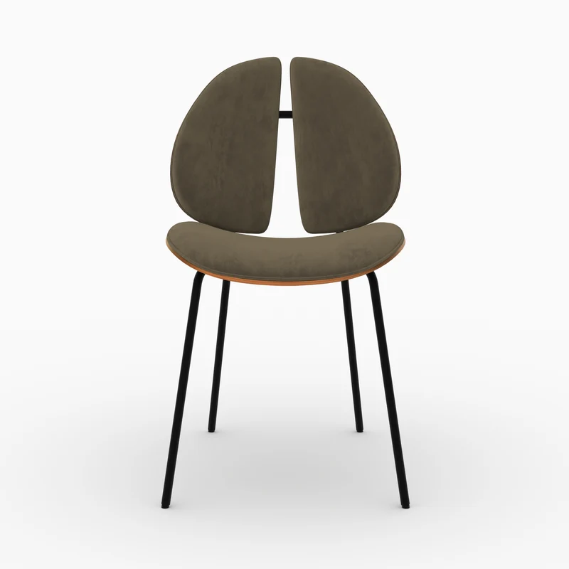 Chaise Coccinelle en velours kaki et bois de noyer