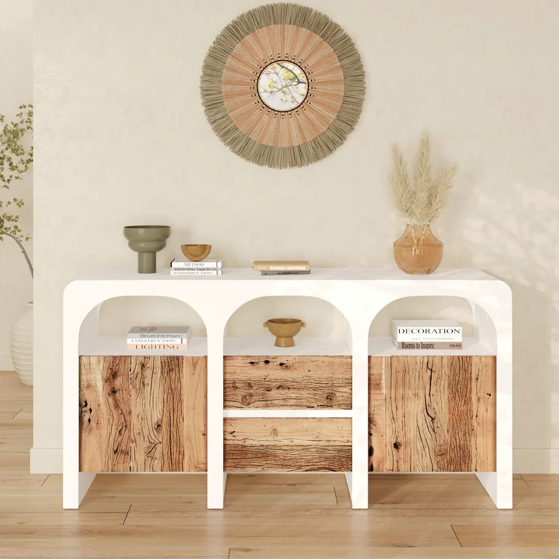 Buffet Fira en plâtre blanc cassé et bois