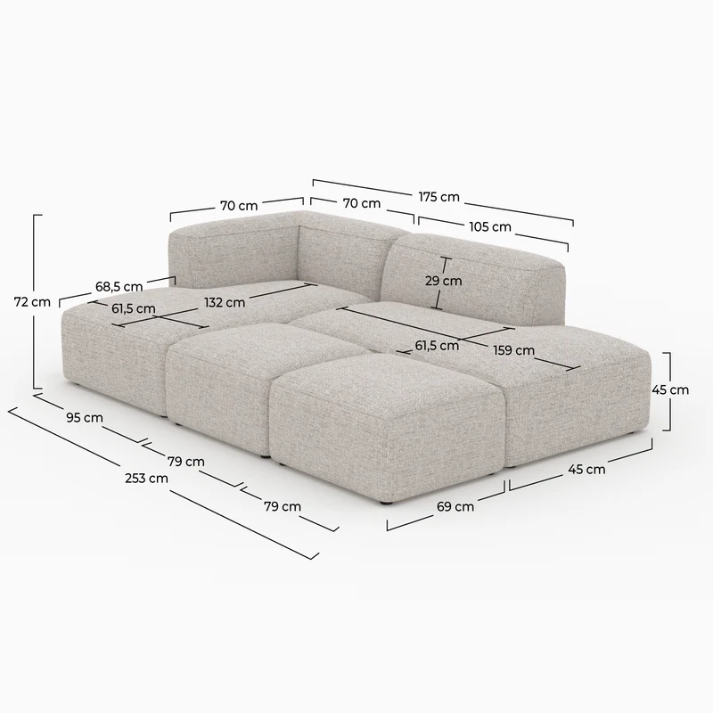 Canapé d'angle gauche modulable Hestia, tissu beige 4 places, 2 poufs