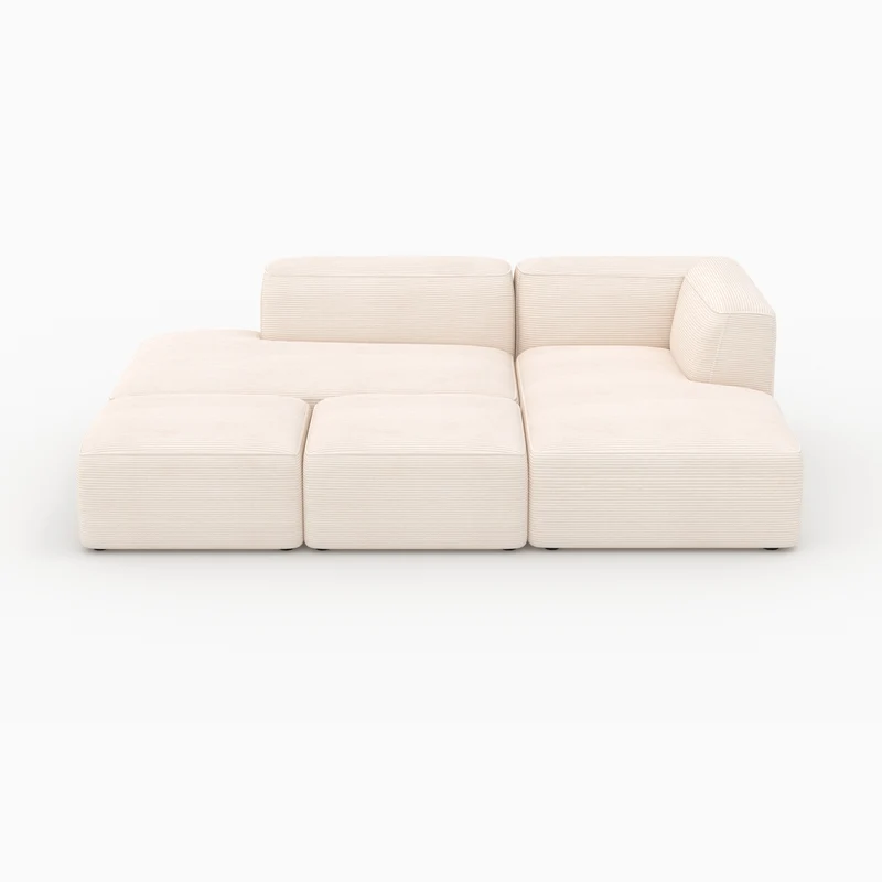 Canapé modulable Mina en velours côtelé blanc 4 places avec 2 poufs