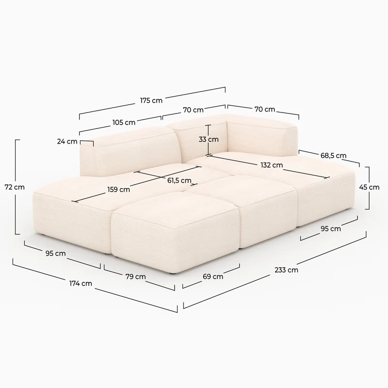 Canapé modulable Mina en velours côtelé blanc 4 places avec 2 poufs