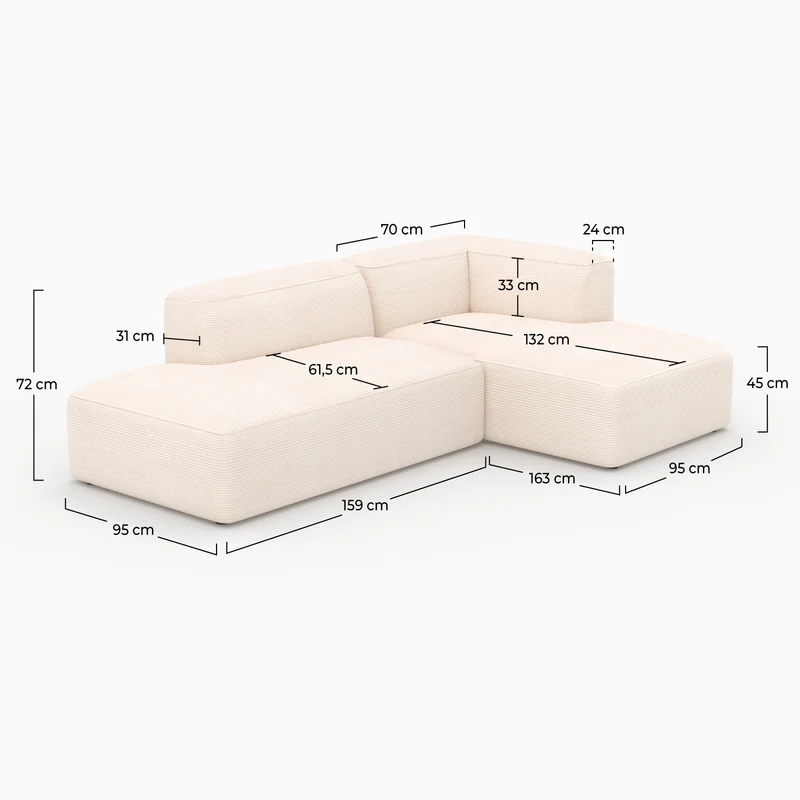 Canapé d'angle droit modulable Mina en velours côtelé blanc 4 places