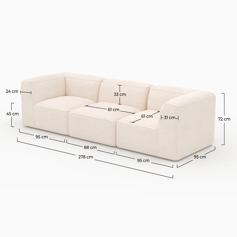 Canapé modulable Mina en velours côtelé blanc cassé 3 places