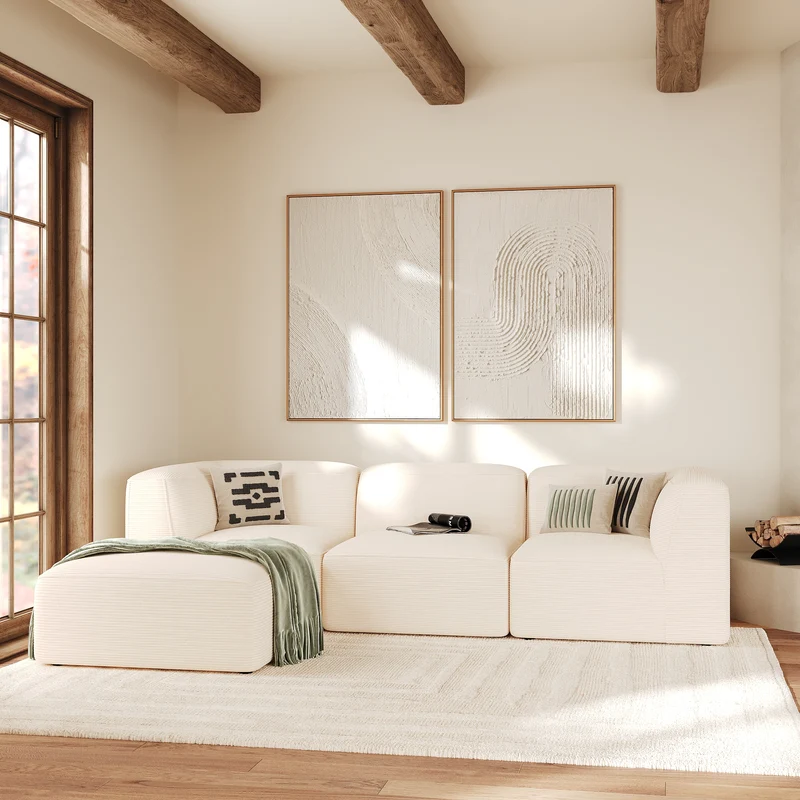 Canapé modulable Mina en velours blanc 3 places avec pouf