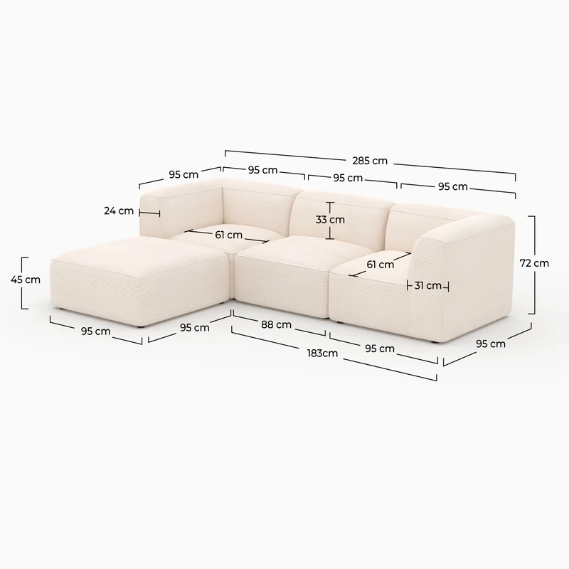 Canapé modulable Mina en velours blanc 3 places avec pouf